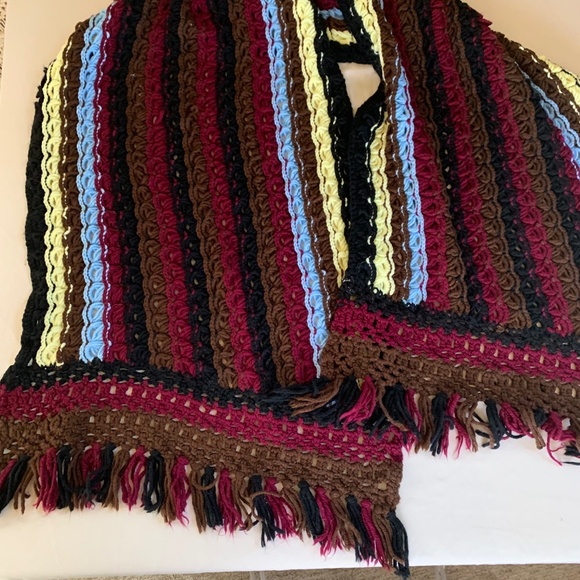 Handmade Crochet Scarf -- blend of maroon, black, brown, blue, yellow - Picture 8 of 10